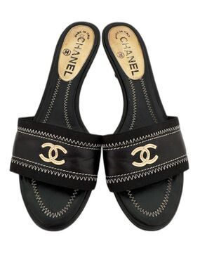 Chanel Vintage Black Leather CC Logo Open Toe Kitten Heels Mules Shoes EU 36.5